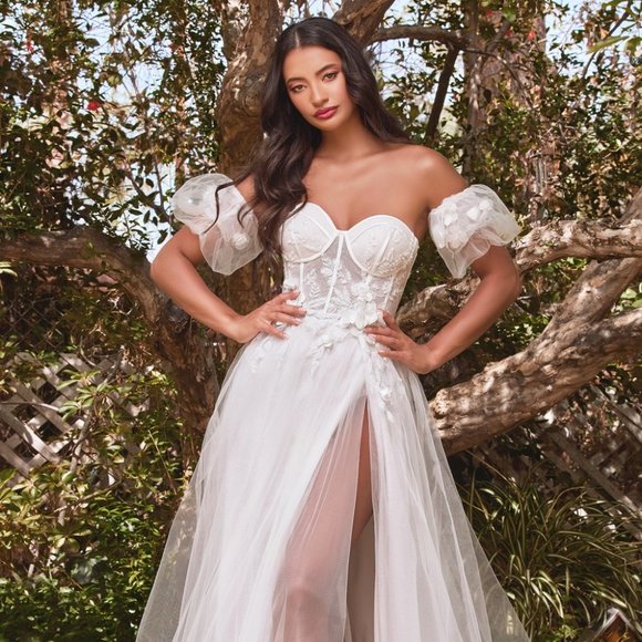 NEW OFF-WHITE OPEN BACK PUFF SLEEVES STRAPLESS FLORAL BODICE BALL GOWN CB080W